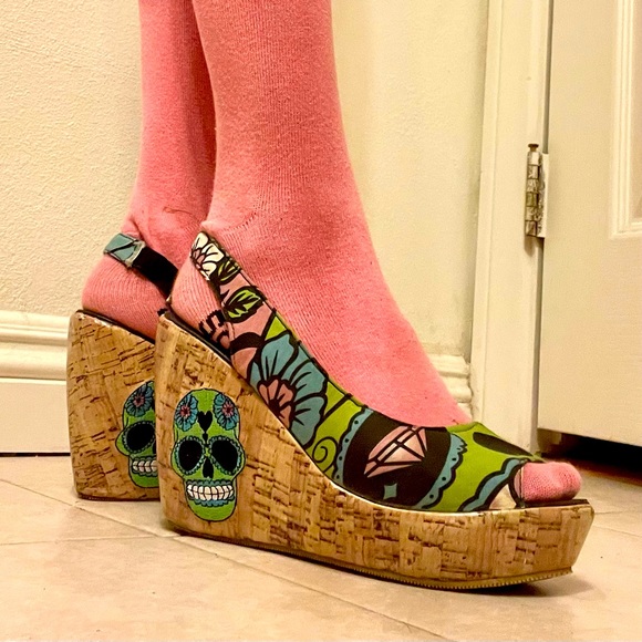 Too Fast Shoes - Too Fast Sugar Skull slip on cork wedge heels- size 7